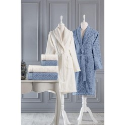 Özdilek Pastoral Krem Lacivert Aile Bornoz Seti