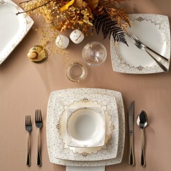 Karaca Mühür Fine Cream 60 Parça Porselen Yemek Takımı Gold Kare