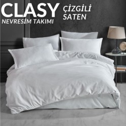 Clasy Çizgili Saten %100 Pamuk Nevresim Takımı Çift Kişilik Düz Renk V1 Beyaz