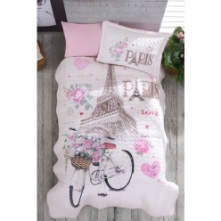 Clasy Ranforce %100 Pamuk Tek Kişilik Yatak Örtüsü Seti Paris Love V1 Pembe