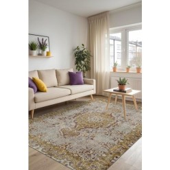 Serans Vintage Desenli Şönil Pamuk Tabanlı Yıkanabilir Kaymaz Antibakteriyel Salon Halısı