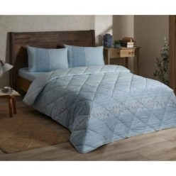 Taç Leona Mavi 195x215 cm Ranforce Çift Kişilik Yastık Yorgan Seti