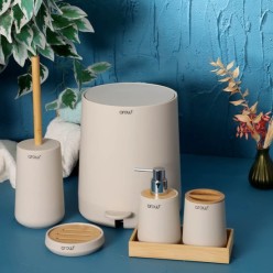 Bambu Kapaklı Akrilik 6 Parça Yuvarlak Banyo Seti Krem