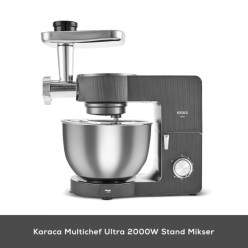 Karaca Multichef Ultra Kıyma Çekme/Sucuk-Sosis/İçli Köfte Aparatlı Hamur Yoğurma Makinesi Antrasit 2000W 7L