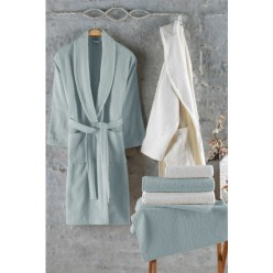 Elart 6 Parça %100 Pamuk Aile Bornoz Seti Naturel Yeşil