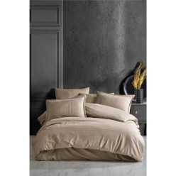 Clasy Çizgili Saten Nevresim Takımı Çift Kişilik Açık Kahve