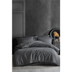 Clasy Çizgili Saten %100 Pamuk Nevresim Takımı Çift Kişilik Düz Renk V1 Füme