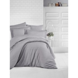Clasy %100 Pamuk Saten Çizgili Nevresim Takımı Çift Kişilik Düz Renk Gri
