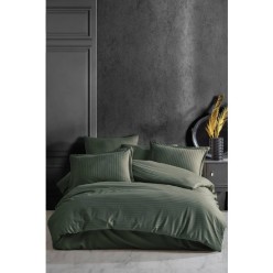 Clasy %100 Pamuk Çizgili Saten Nevresim Takımı Çift Kişilik Düz Renk Haki