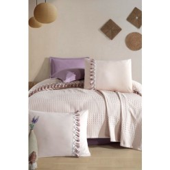 Clasy %100 Pamuk Butik Çift Kişilik Püsküllü Pike Takımı Bohamline V8 Taş Rengi